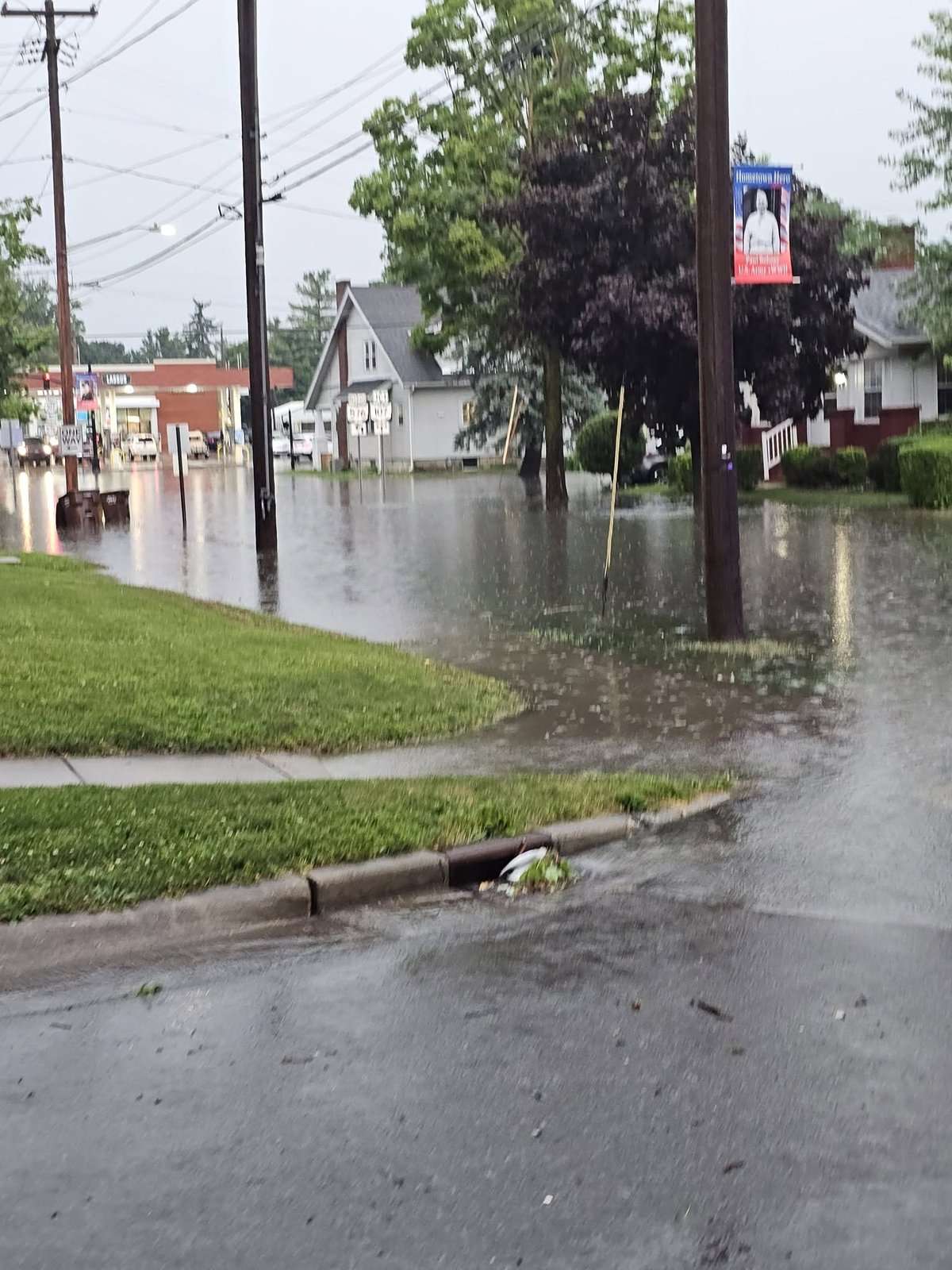 A flooded residential street in the Montpelier area after heavy rain, July 17, 2026.
