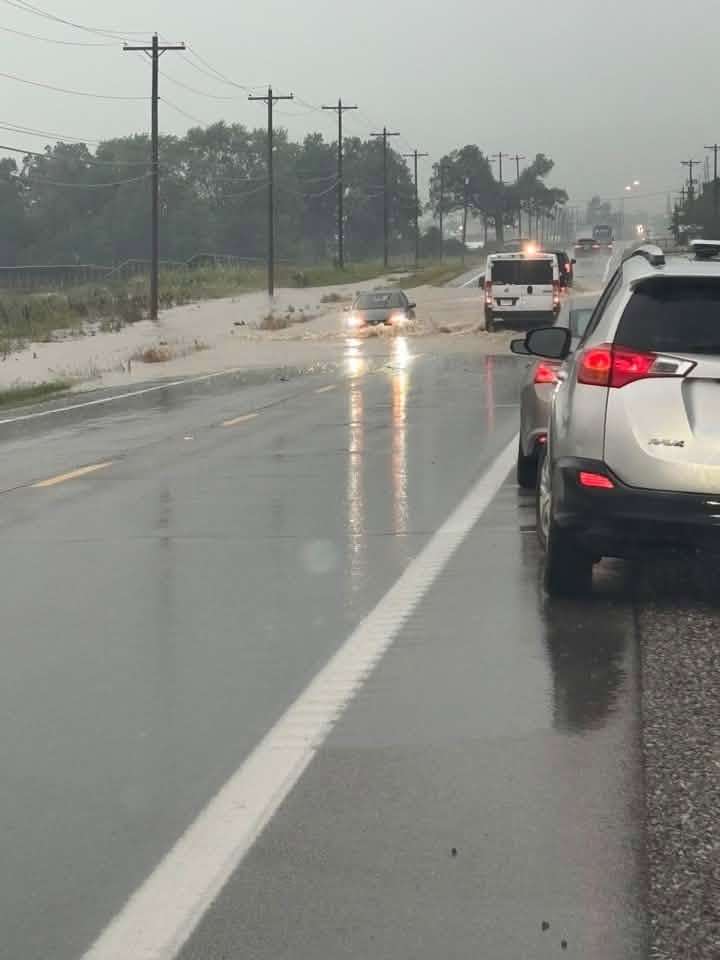 Floodwater on a Montpelier-area roadway during heavy rain, July 17, 2026.