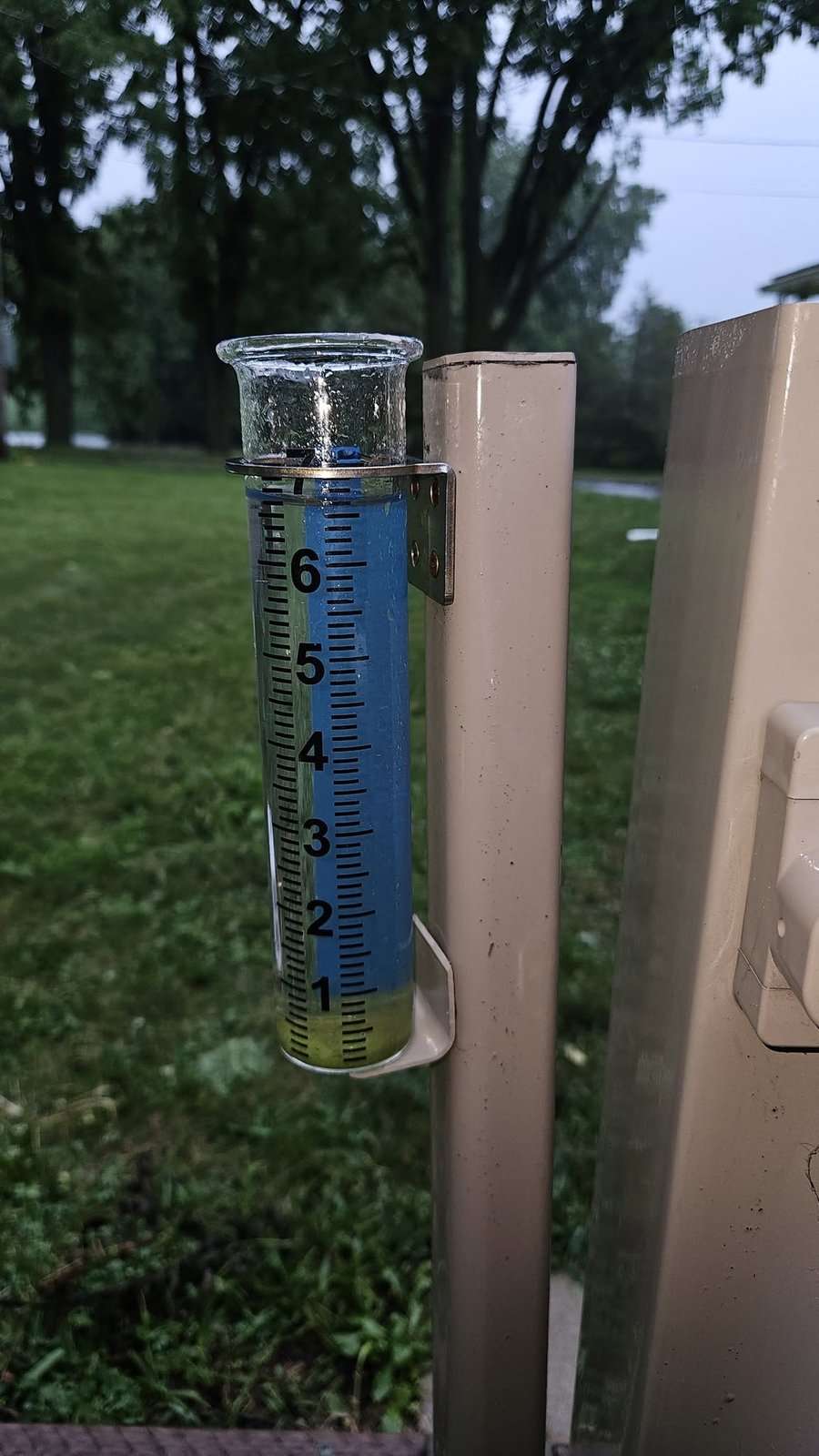 A reader's rain gauge shows more than six inches of rain in the Montpelier area, July 17, 2026.