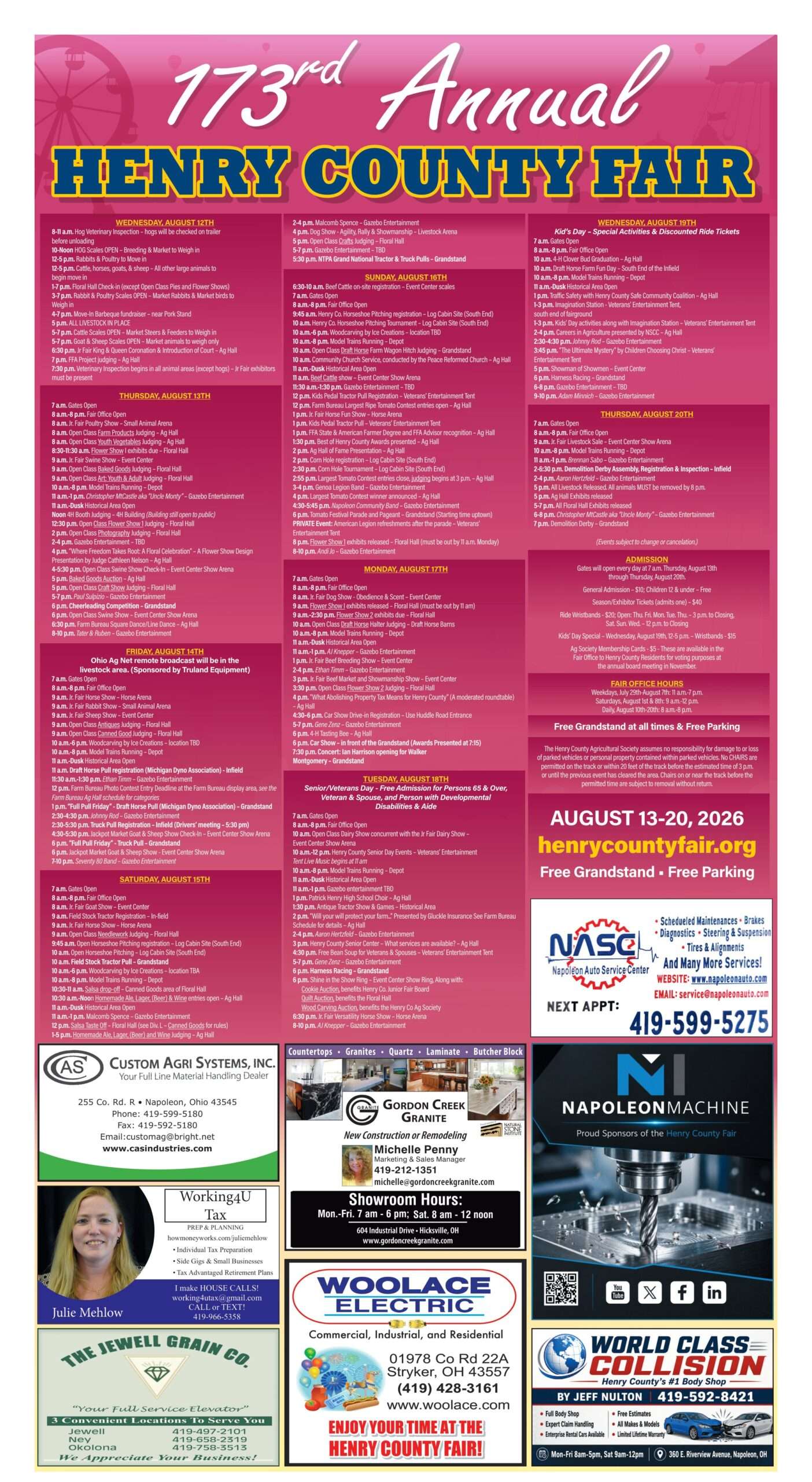 173rd Annual Henry County Fair schedule of events, August 13-20, 2026