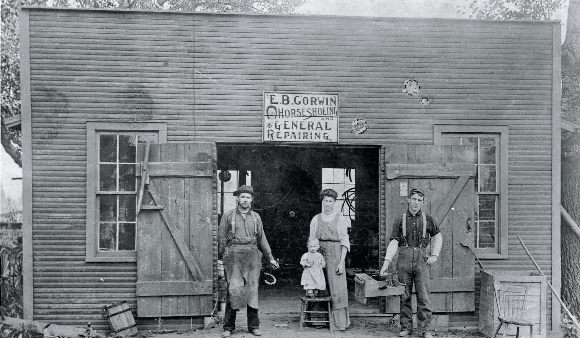 1908 vintage photo of the E.B. Corwin blacksmith shop in Williams Center, Ohio