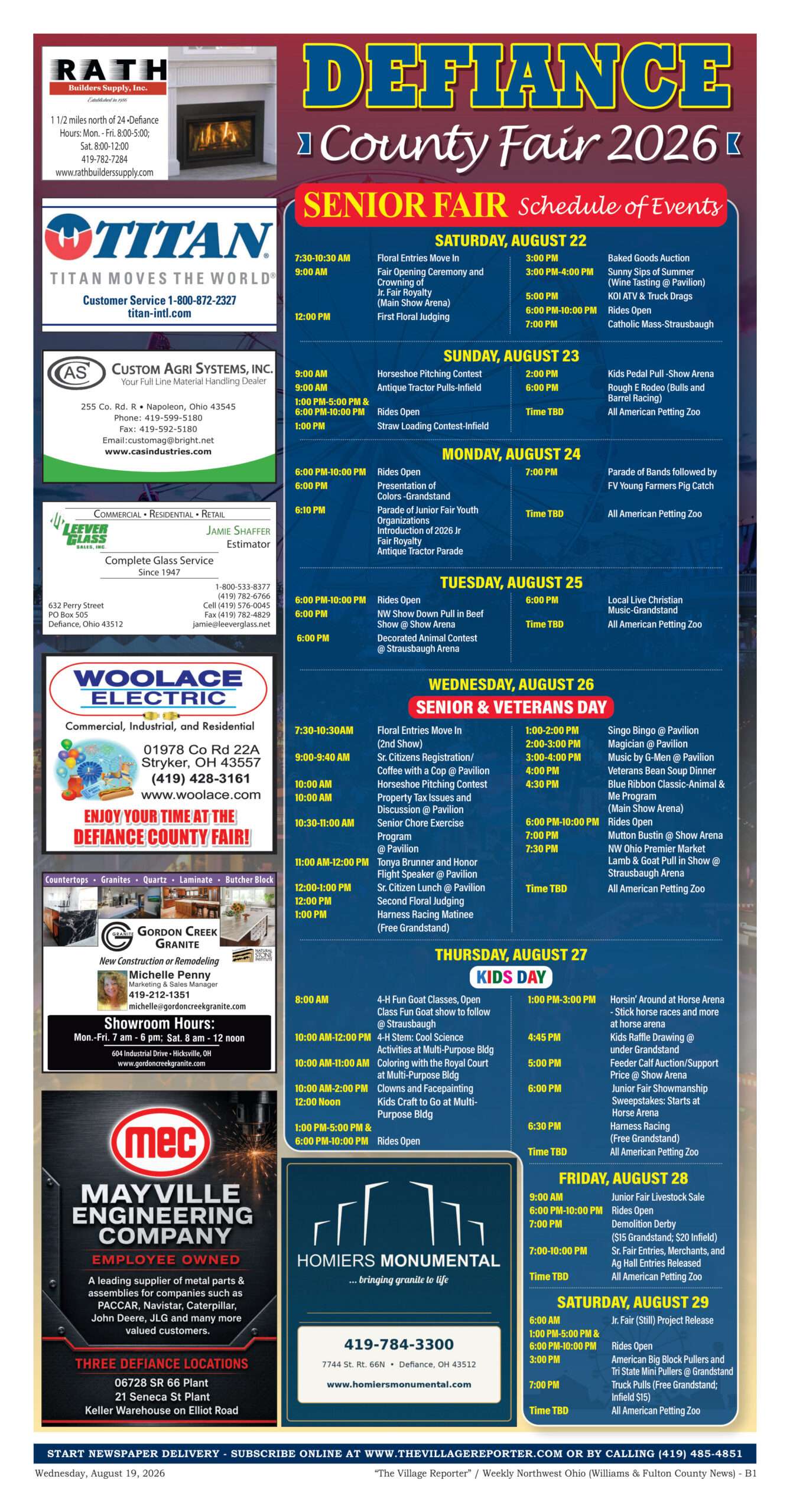 Defiance County Fair 2026 Senior Fair Schedule of Events