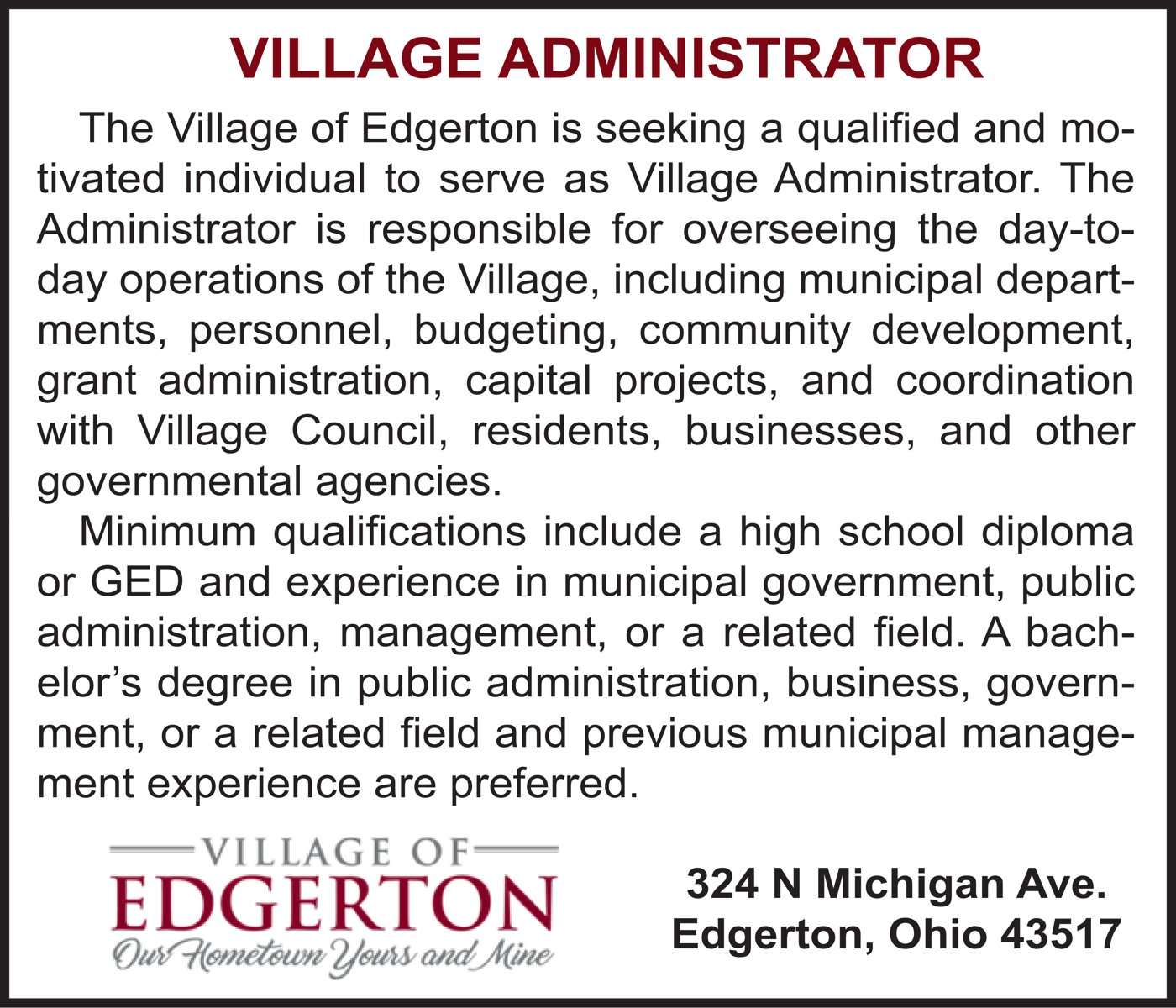 Edgerton Village – Village Administrator