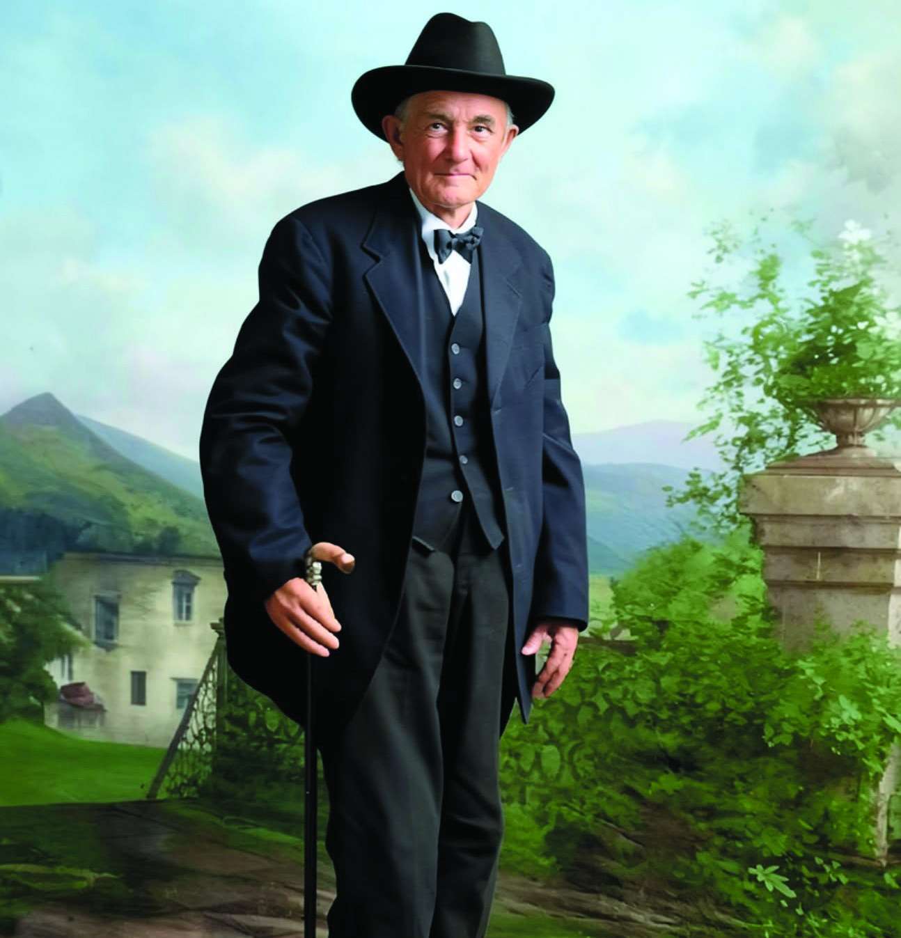 Colorized 1910 photograph of Edward White of West Unity, Ohio, leaning on a cane