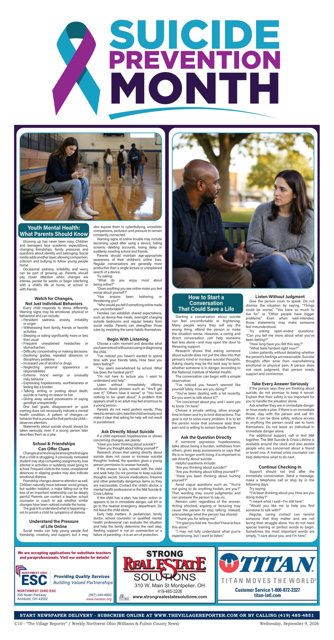 Suicide Prevention Month page, The Village Reporter, September 9, 2026