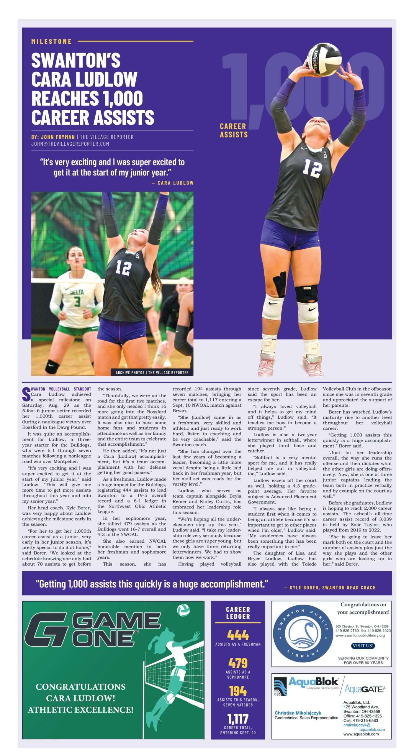Full page from The Village Reporter: Swanton's Cara Ludlow reaches 1,000 career assists