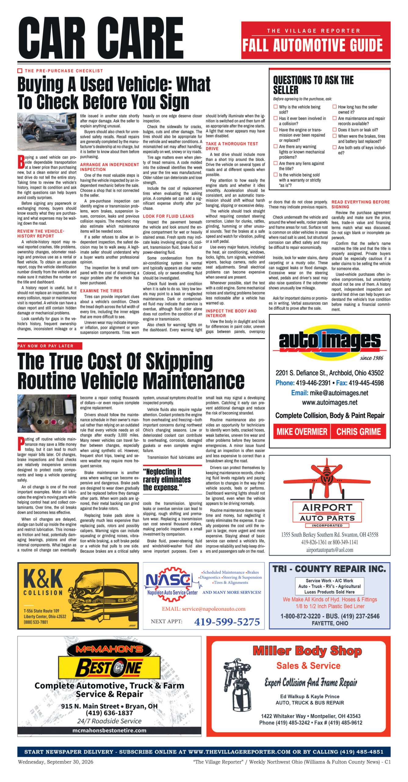 Fall Automotive Guide and Car Care, page C1, The Village Reporter, September 30, 2026 edition