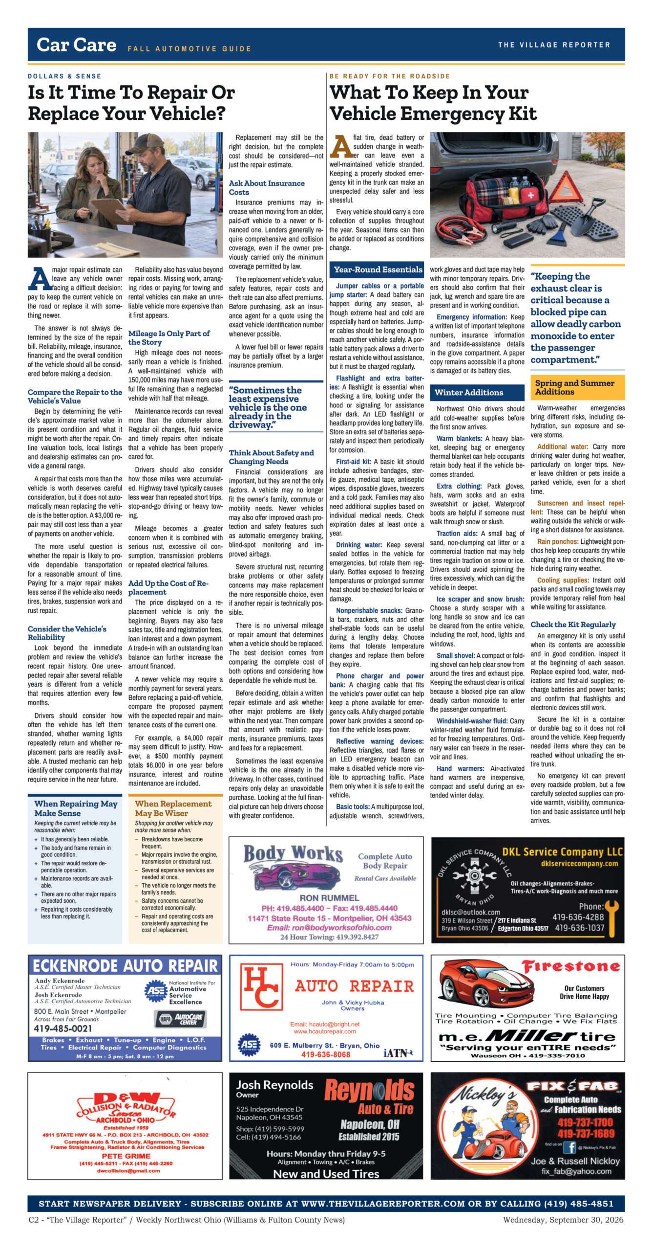Fall Automotive Guide and Car Care, page C2, The Village Reporter, September 30, 2026 edition