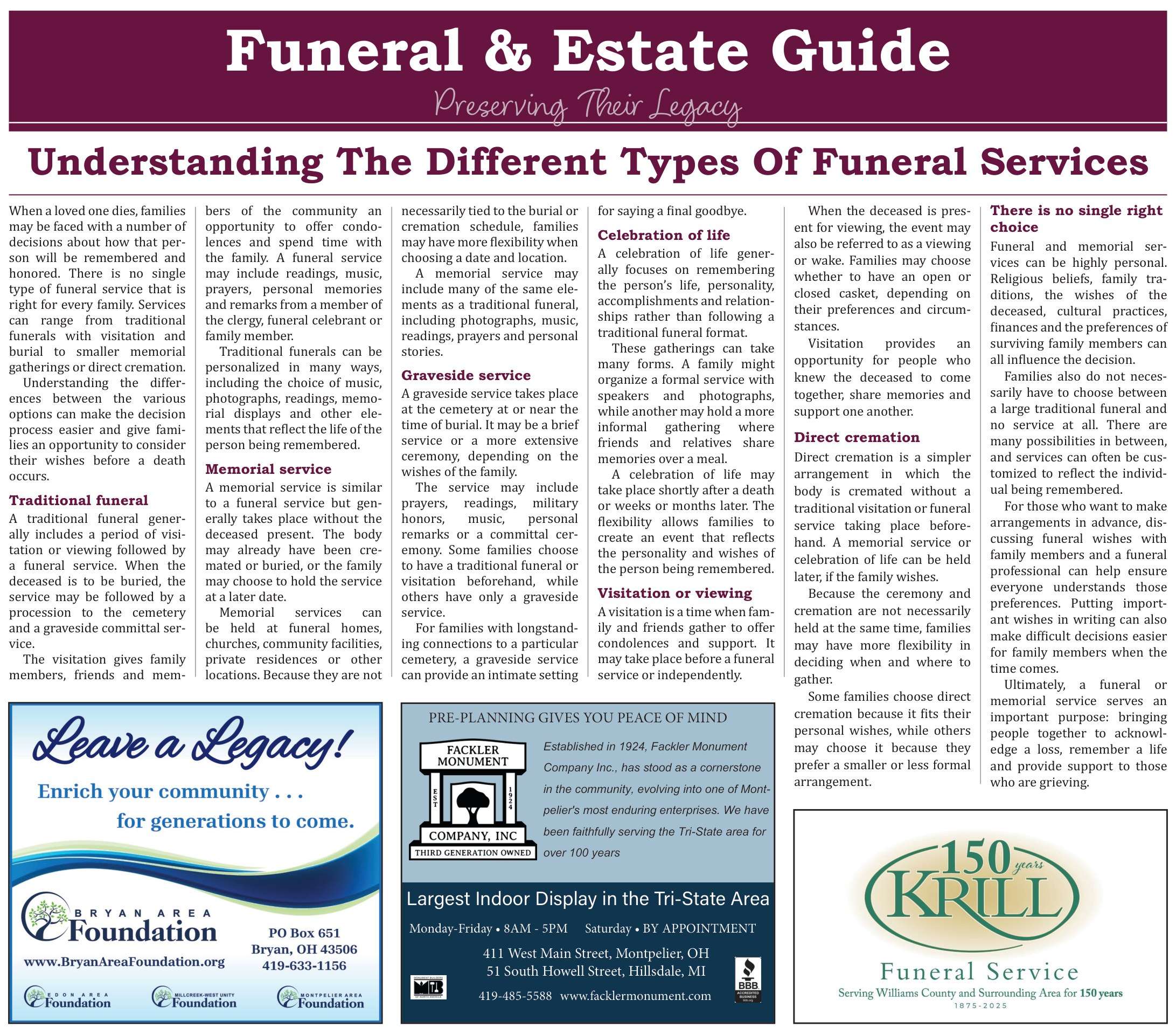 Funeral & Estate Guide page, The Village Reporter, September 23, 2026