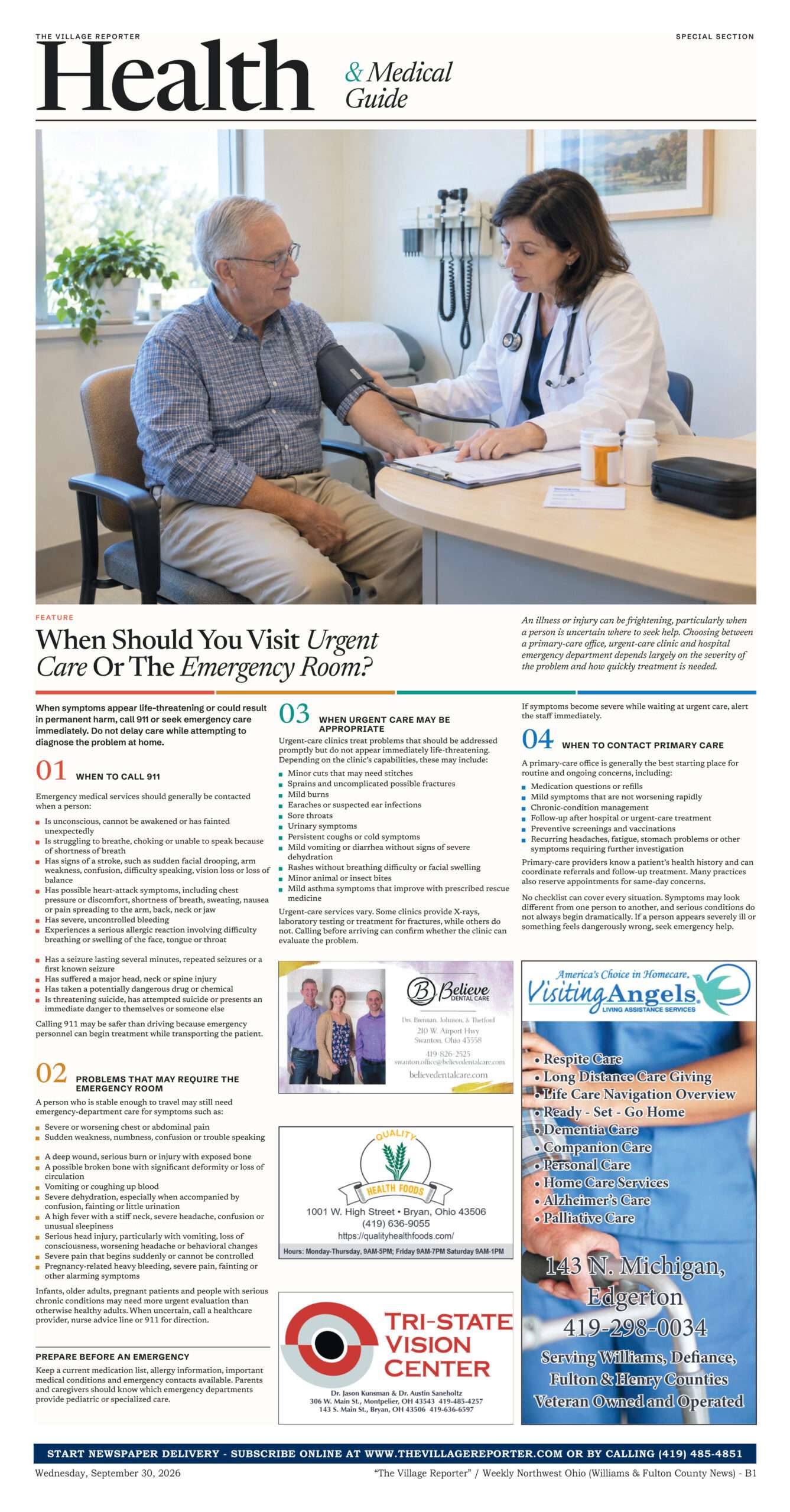 Health & Medical Guide, page B1, The Village Reporter, September 30, 2026 edition