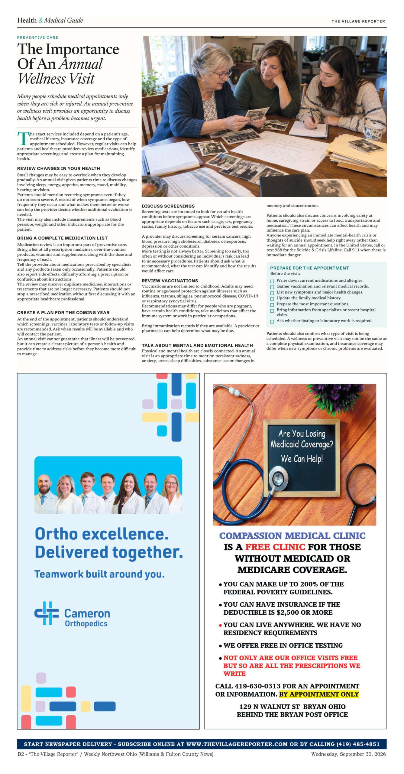 Health & Medical Guide, page B2, The Village Reporter, September 30, 2026 edition