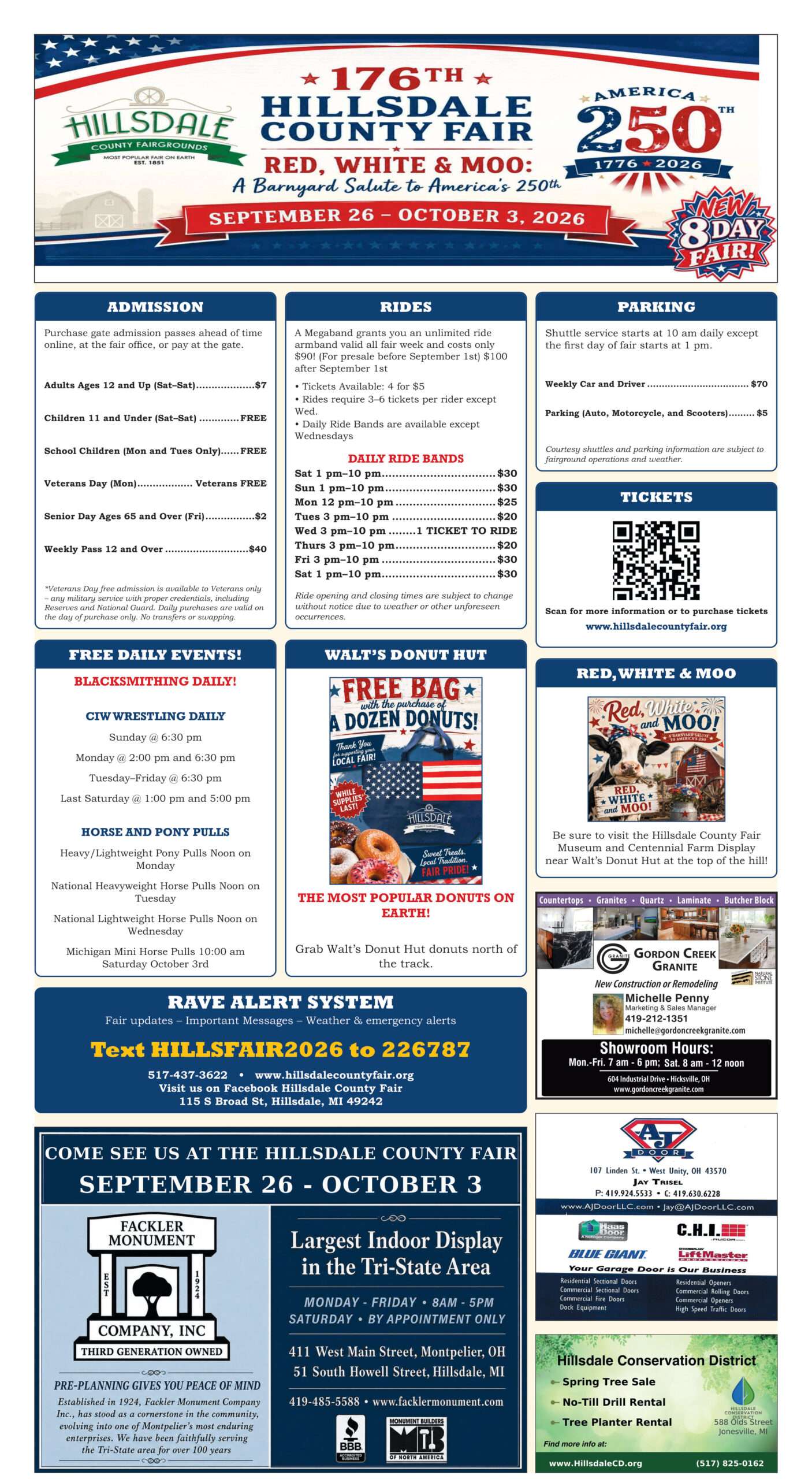 176th Hillsdale County Fair 2026 schedule of events, page 1 - admission, rides, parking and free daily events.