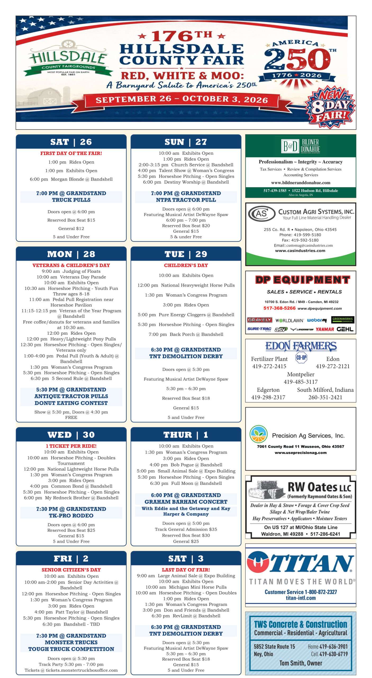 176th Hillsdale County Fair 2026 schedule of events, page 2 - day-by-day grandstand and bandshell schedule, September 26 through October 3.