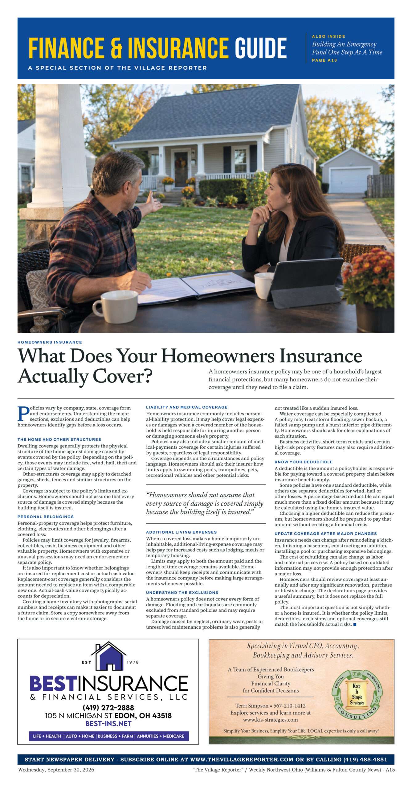 Finance & Insurance Guide, page A15, The Village Reporter, September 30, 2026 edition