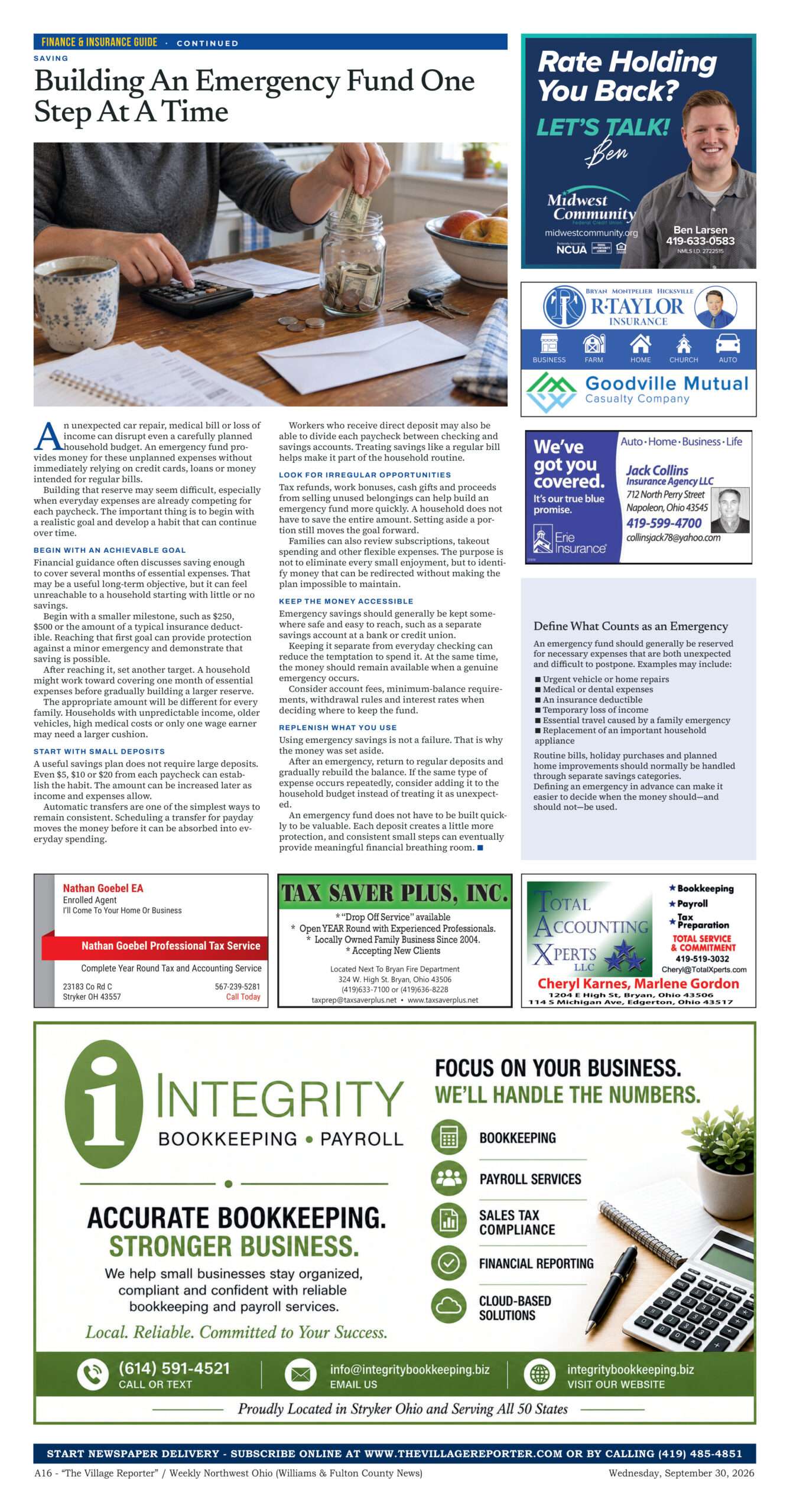 Finance & Insurance Guide, page A16, The Village Reporter, September 30, 2026 edition
