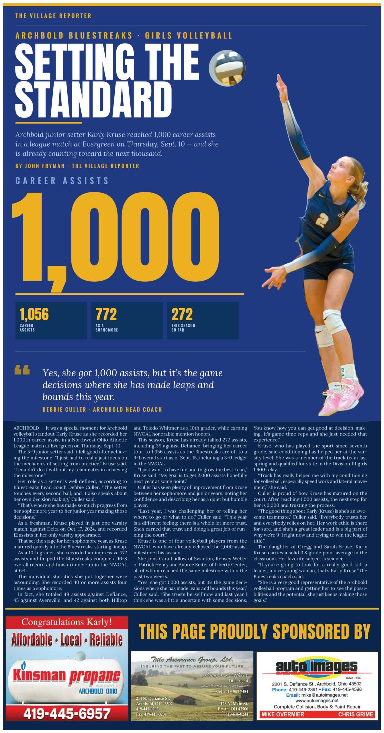 Setting The Standard: Karly Kruse 1,000 career assists, The Village Reporter page D8, September 23, 2026