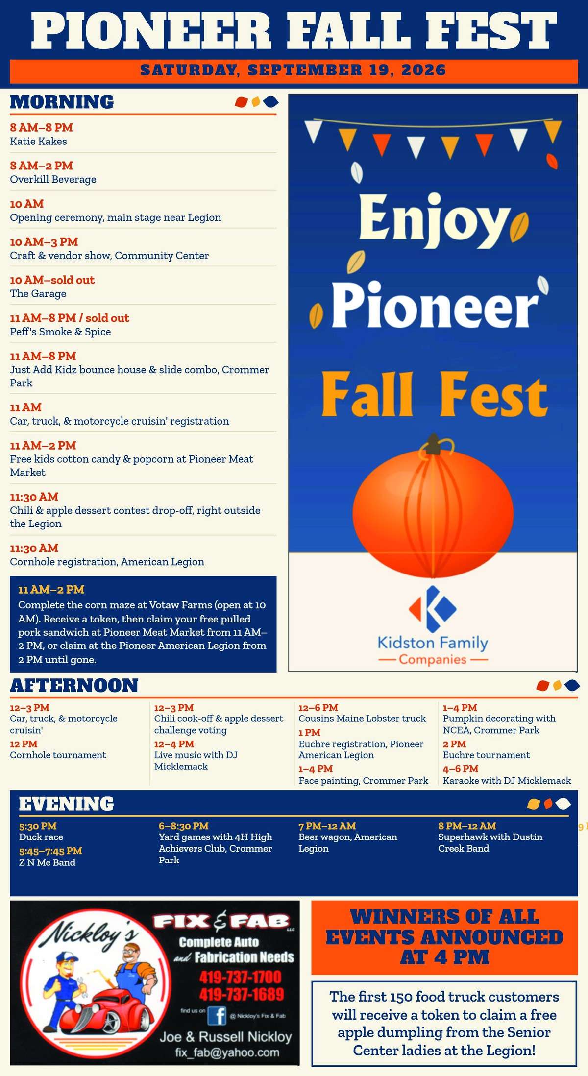 Full schedule of events for Pioneer Fall Fest on Saturday, September 19, 2026