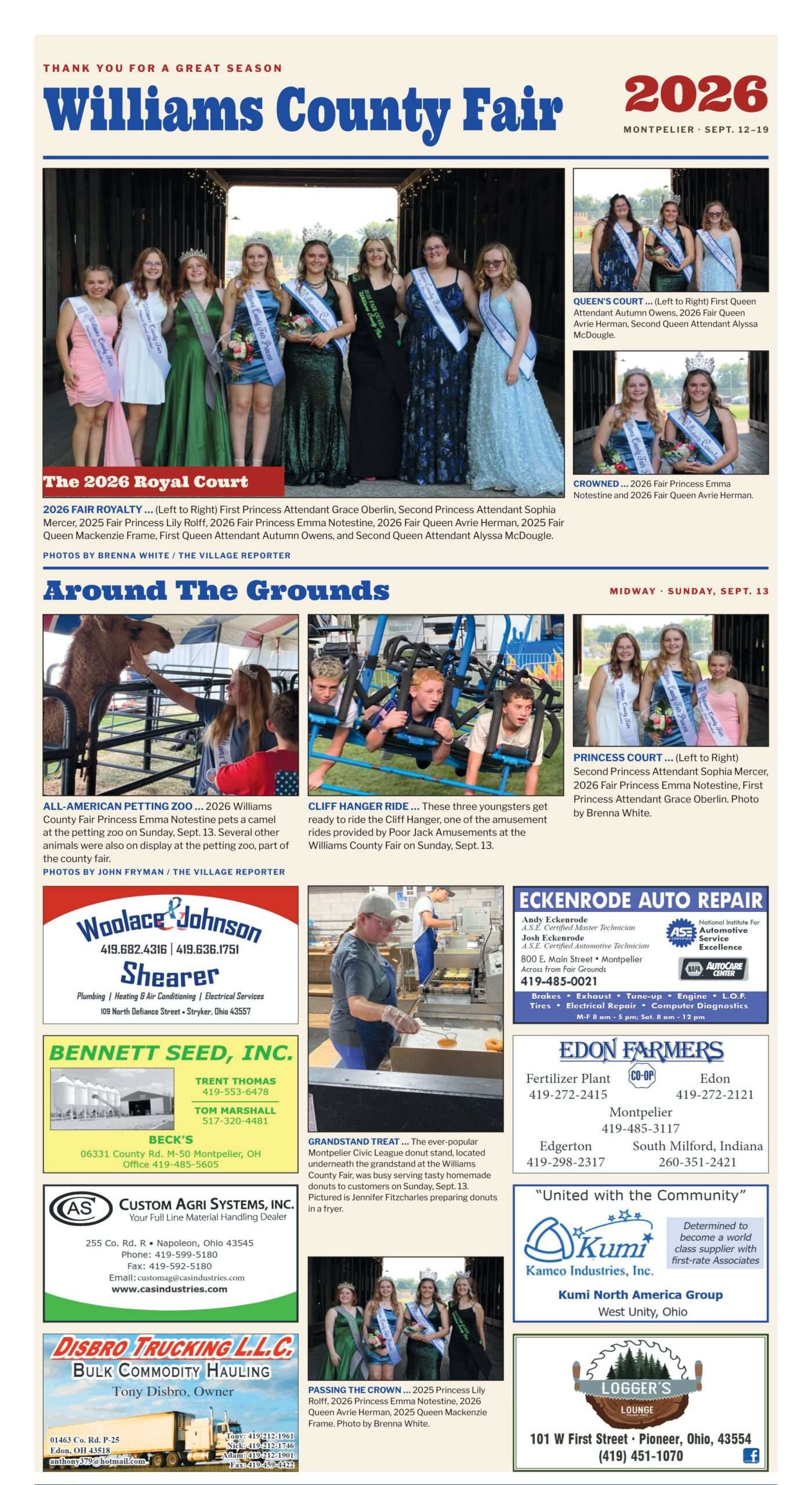 Williams County Fair 2026 royalty and midway page, September 23, 2026 edition of The Village Reporter