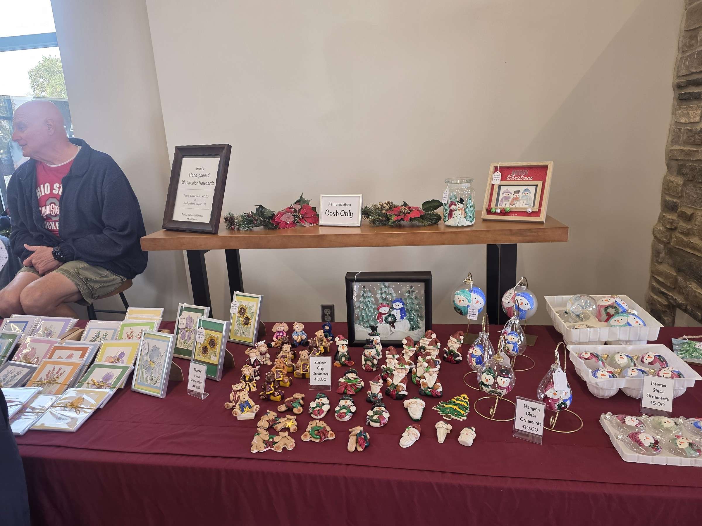 A table of holiday ornaments