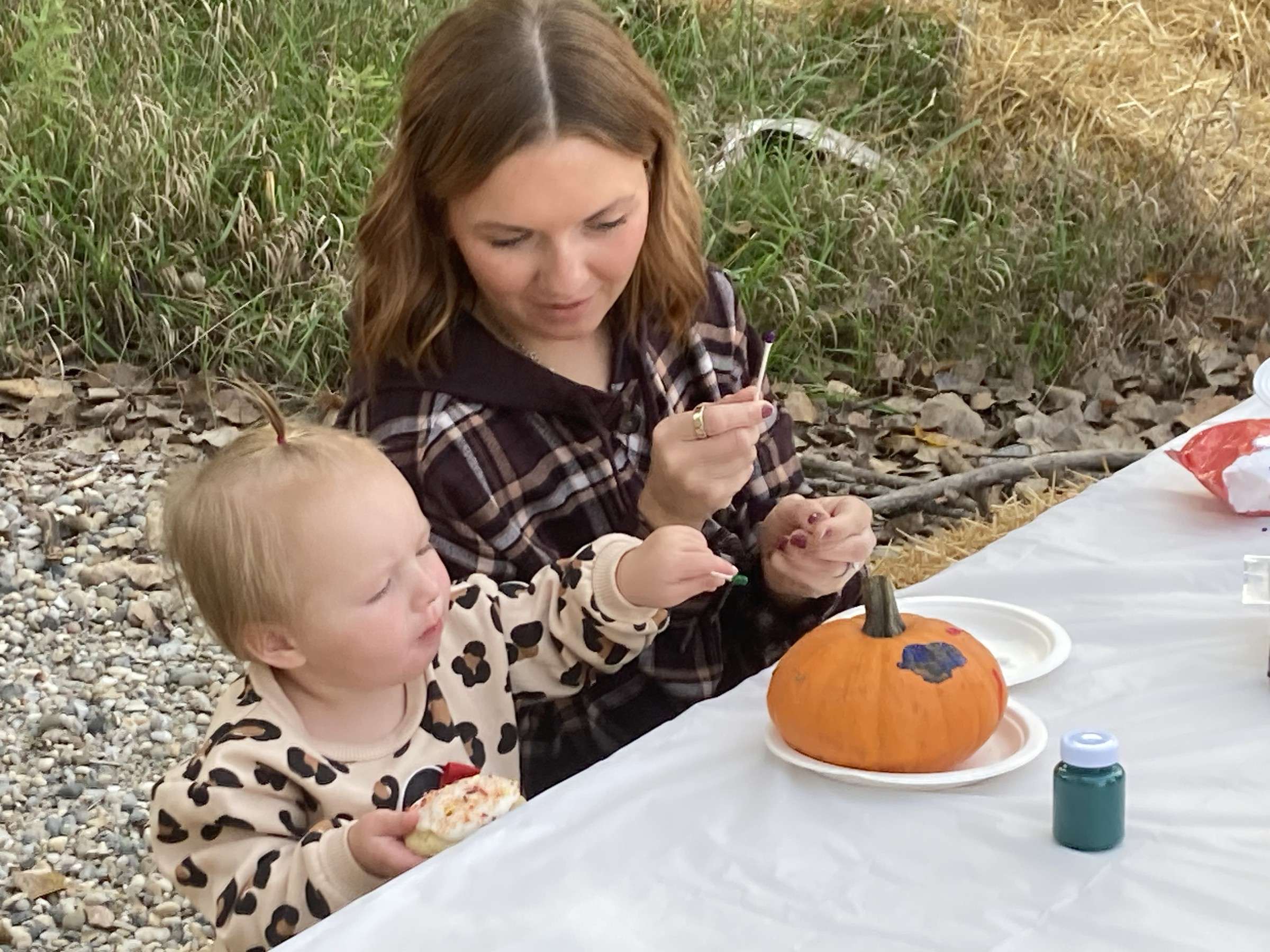 Kelsee Harvey of Antwerp helping her daughter Hadlee paint a pumpkin at the Montpelier Wildlife Habitat