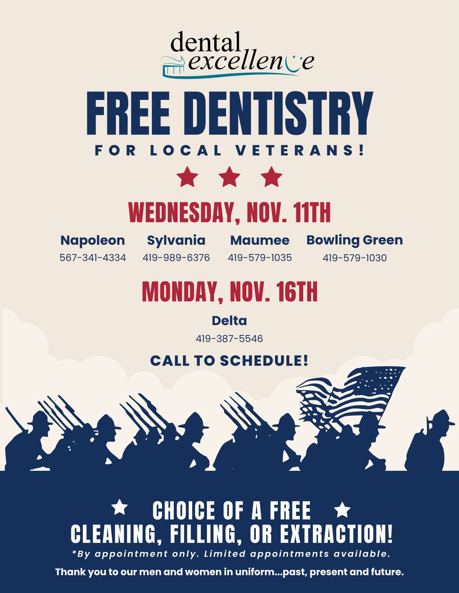 Dental Excellence flyer: free dentistry for local veterans Nov. 11 and Nov. 16