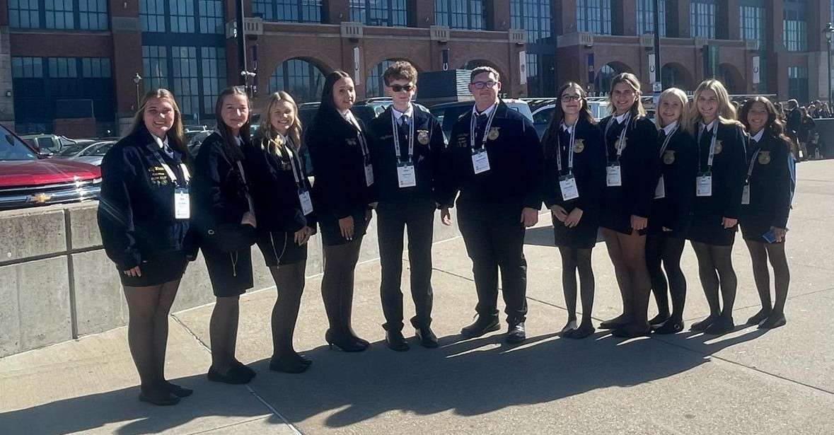 Eleven Evergreen FFA members outside Lucas Oil Stadium in Indianapolis