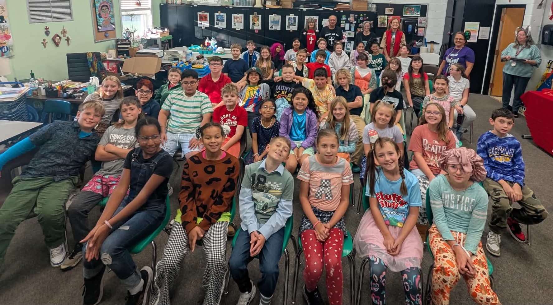 St. Patrick School fourth, fifth and sixth graders with Never Let Go Ministries presenters, teachers and the principal