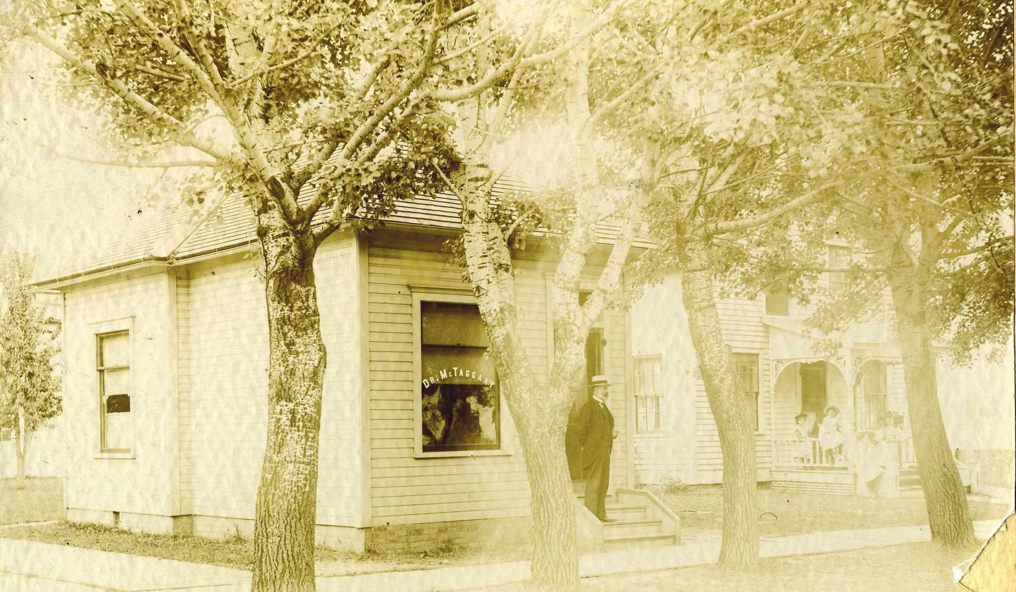 Vintage photograph of Dr. D.C. McTaggart’s residence and office at the southeast corner of Main and Mulberry streets in Bryan, Ohio
