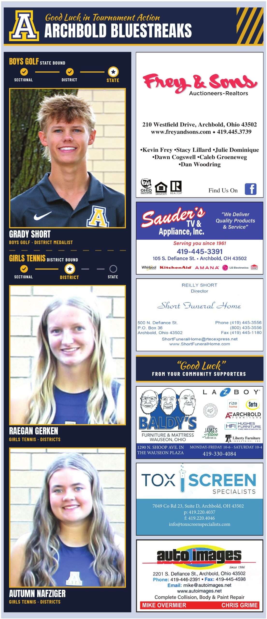 Good Luck at State: Archbold Bluestreaks Boys Golf, Girls Tennis - The Village Reporter Good Luck page