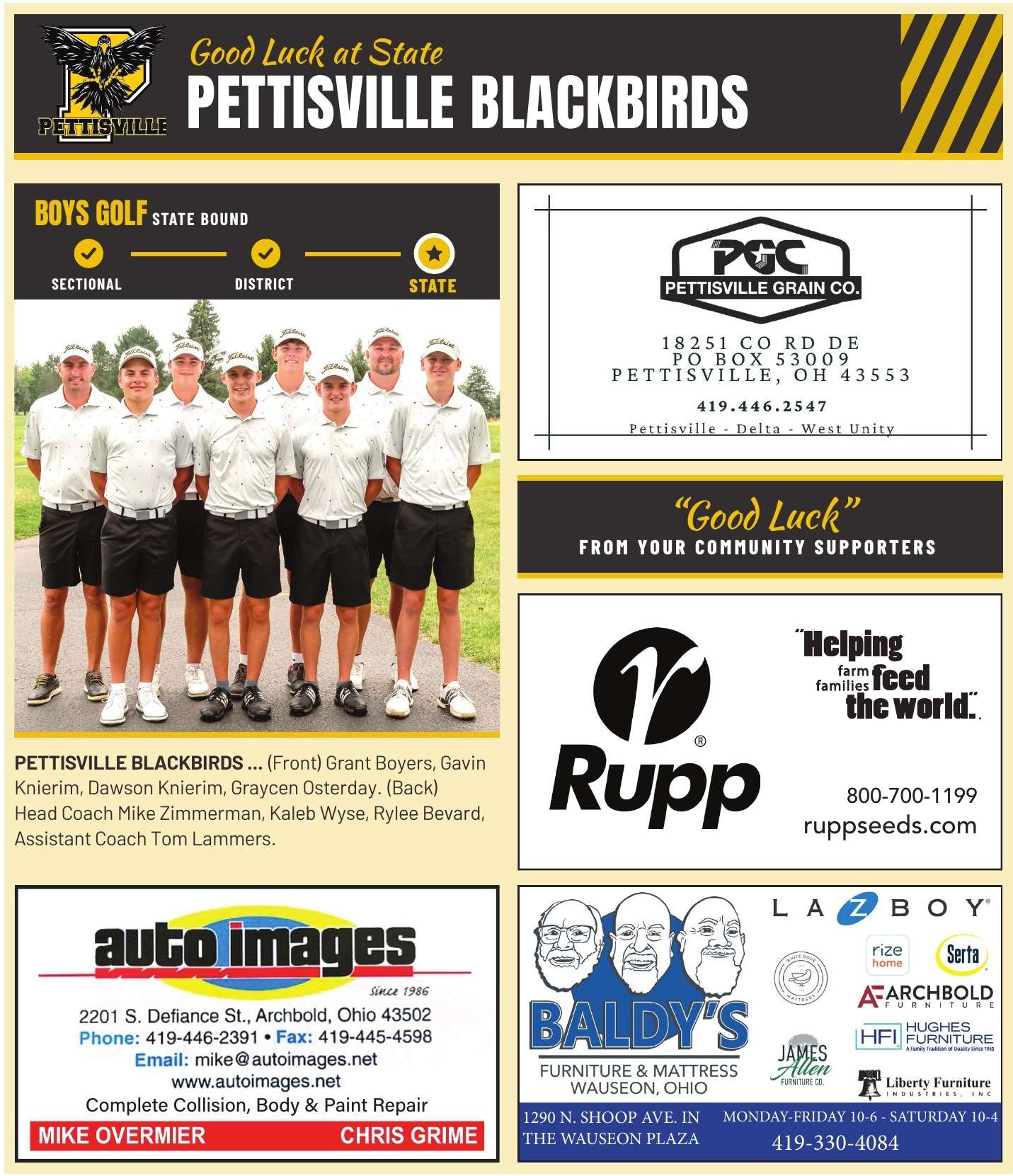 Good Luck at State: Pettisville Blackbirds Boys Golf - The Village Reporter Good Luck page