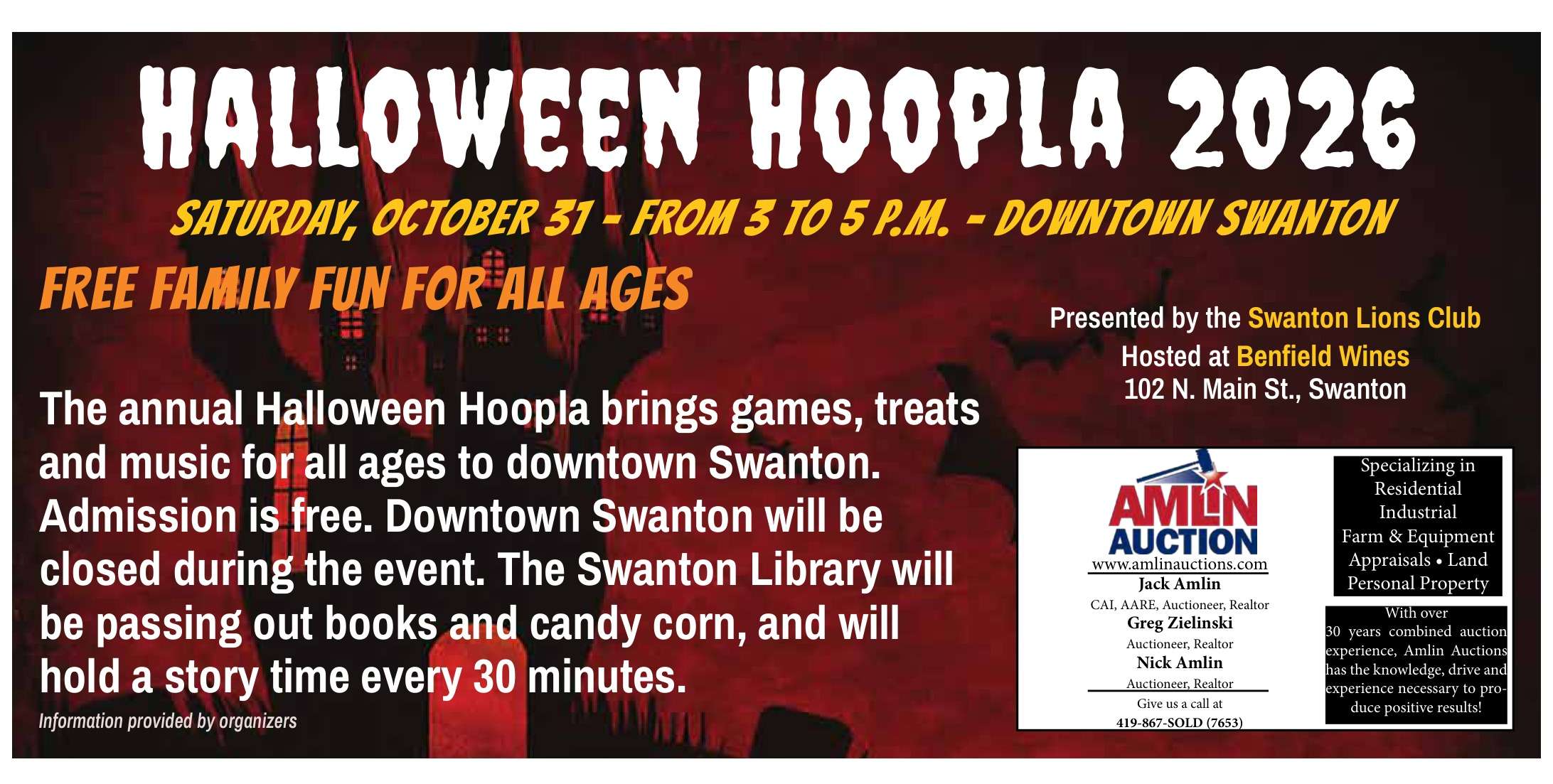 Halloween Hoopla 2026 in downtown Swanton, Saturday, Oct. 31, 3 to 5 p.m.